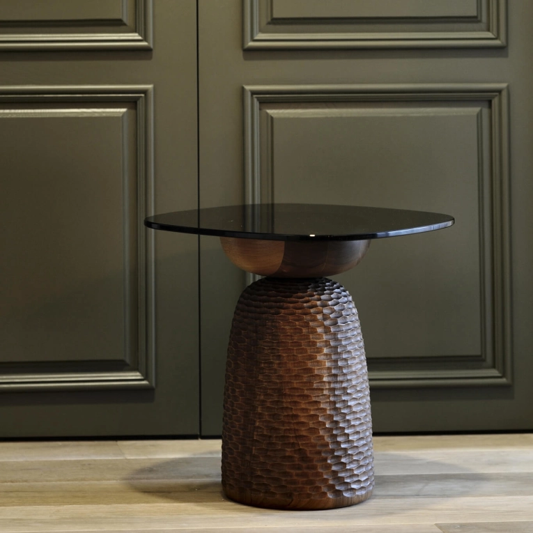 Side Table NERA full base carved lines Walnut ZANAT