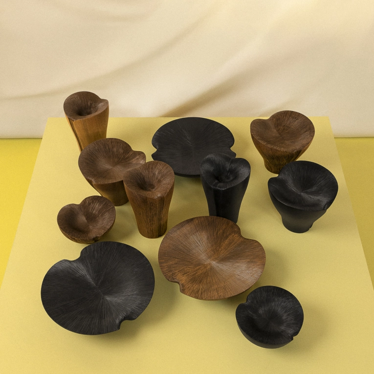 Centre de table & corbeille KALA tall base entièrement sculptée Érable noir ZANAT