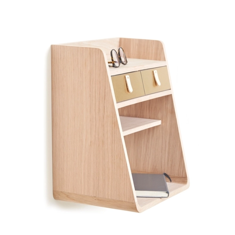 Etagère Rangement mural SUZON Noyer/ tiroirs laiton HARTO