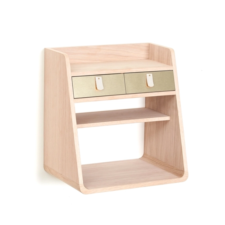 Etagère Rangement mural SUZON Noyer/ tiroirs laiton HARTO