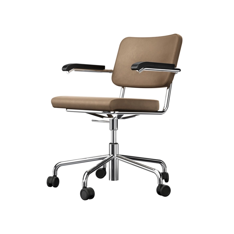 Fauteuil de bureau S 64 ATELIER PVDR Nubuck marron moyen, surpiqûres marron orange THONET