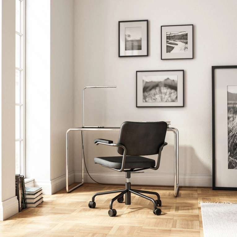 Fauteuil de bureau S 64 ATELIER PVDR Nubuck marron moyen, surpiqûres marron orange THONET