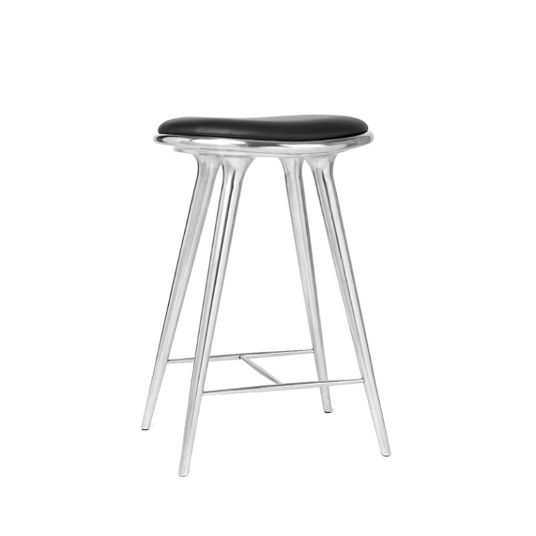 Tabouret haut HIGH STOOL Aluminium poli/ cuir noir MATER