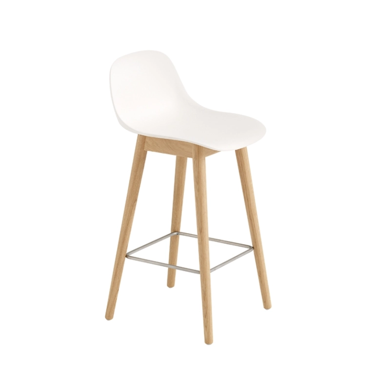 Tabouret haut FIBER BAR STOOL Avec dossier pieds bois H65 Blanc/ chêne MUUTO