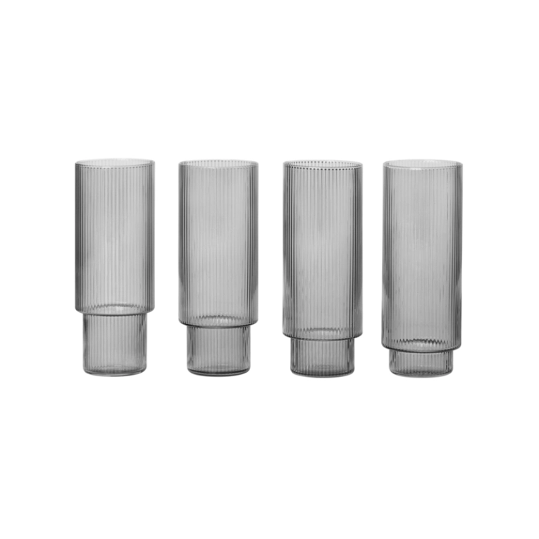 Carafe & verre Set de 4 verres long drink RIPPLE Gris fumé FERM LIVING