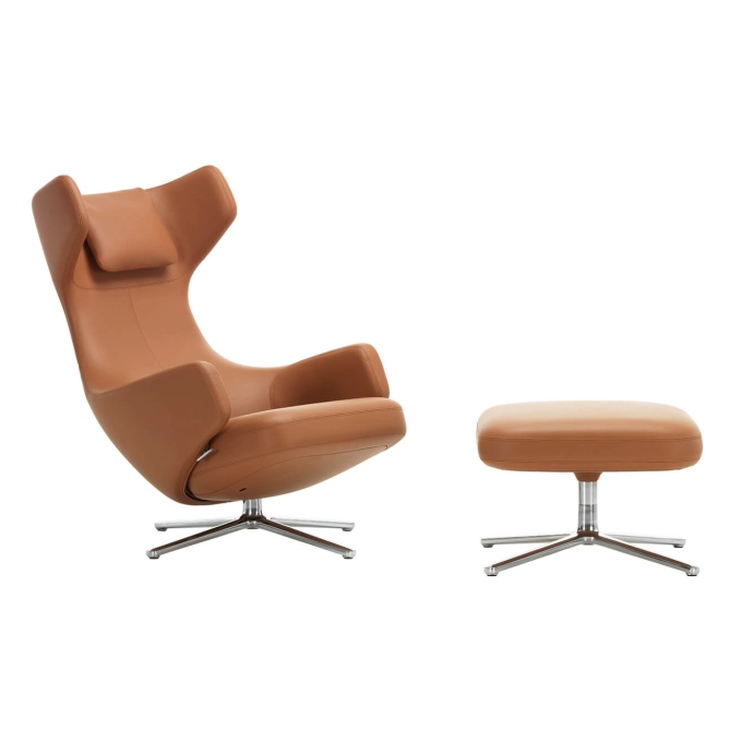 Fauteuil GRAND REPOS & OTTOMAN Cuir Premium Cognac VITRA